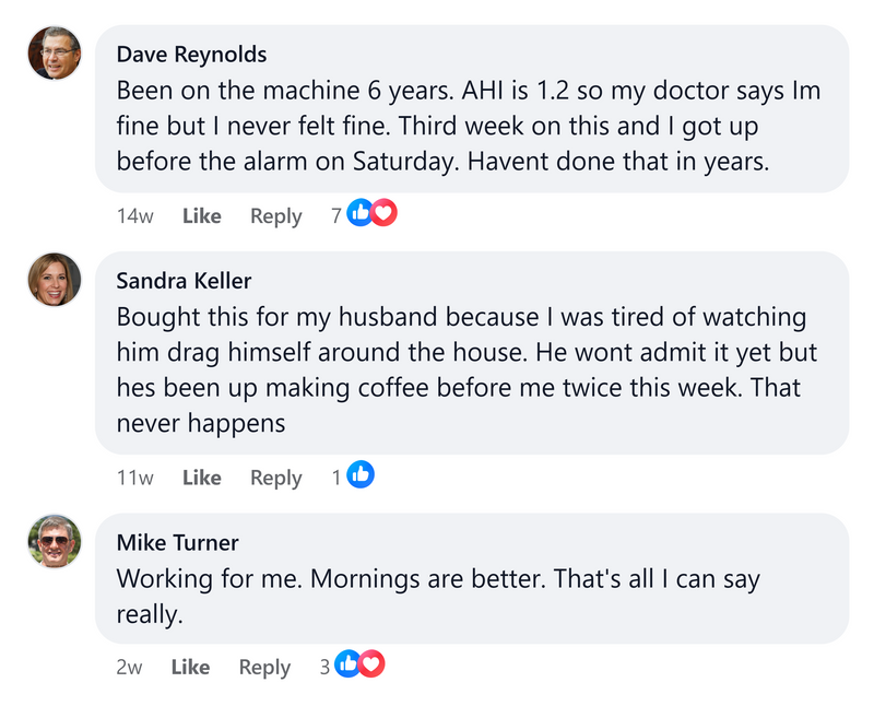Facebook comments from Dave Reynolds, Sandra Keller and Mike Turner about sleeping and waking better on Noctiv.