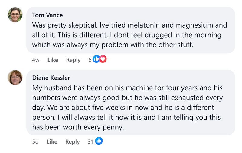 Facebook comments from Tom Vance and Diane Kessler about not feeling drugged in the morning and a husband being a different person five weeks in.